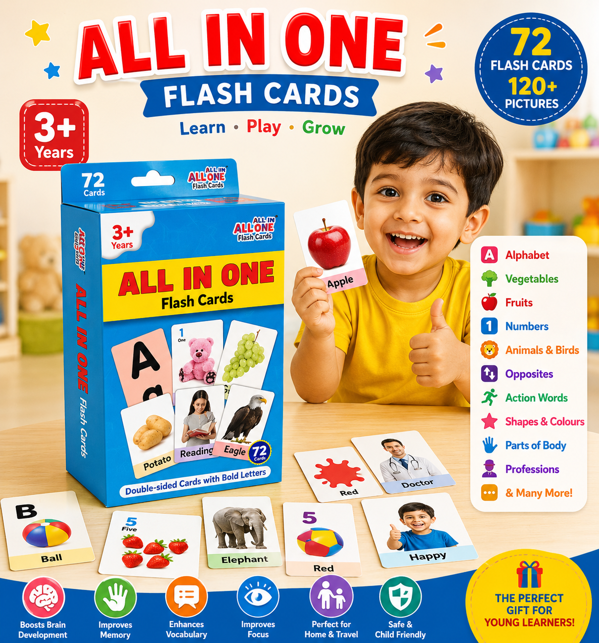 📚 All-in-One Flash Cards| 72 Educational Flash Cards with 120+ Pictures 🧠👶