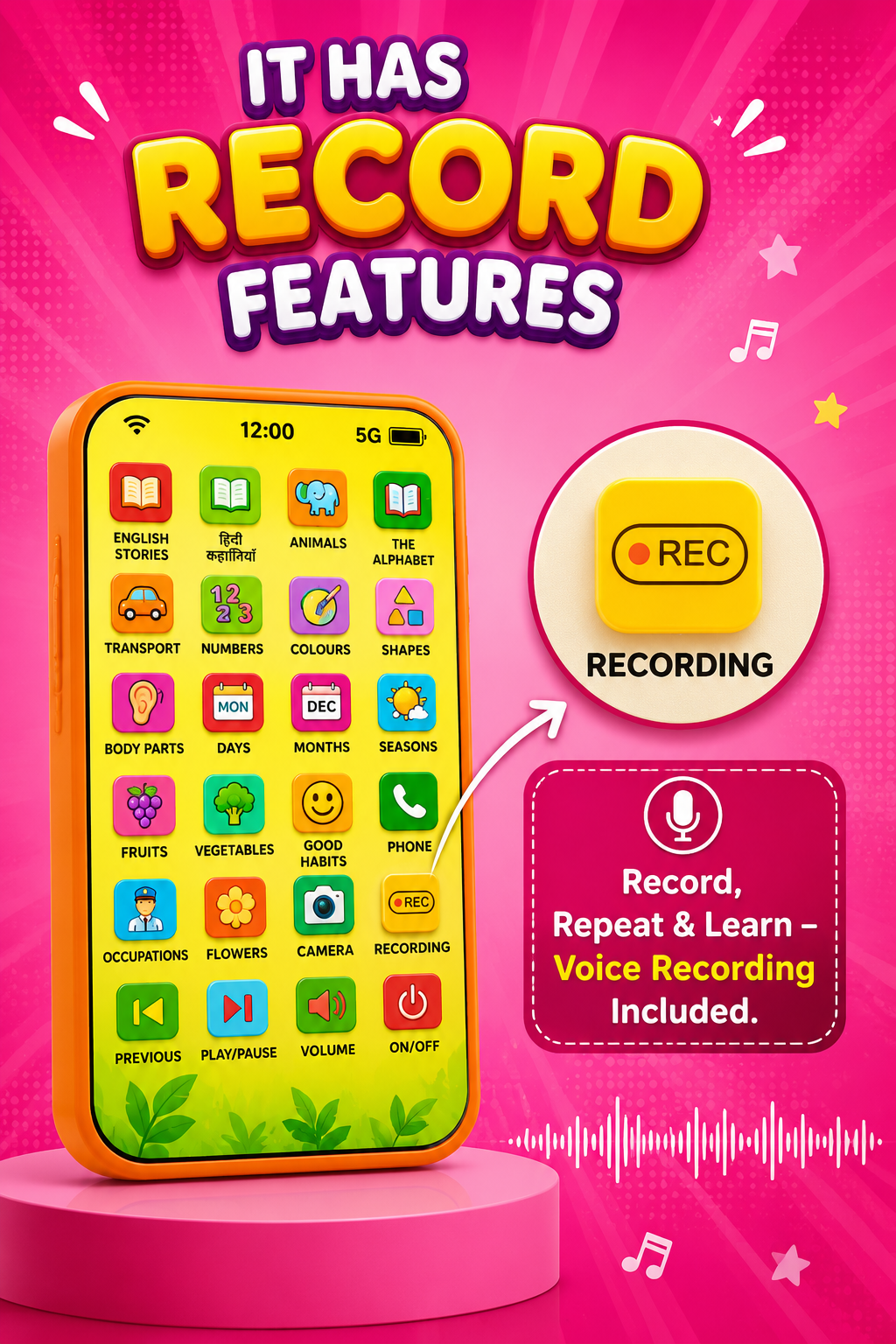 🎓📱 Smart Learning Phone for Kids – 28 Fun Educational Activities, Music & Voice Recorder ✨