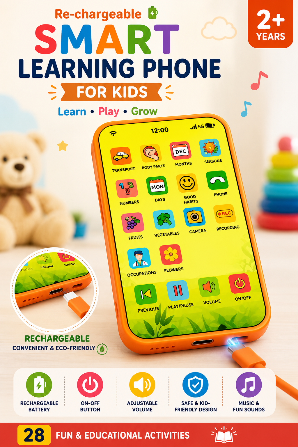 🎓📱 Smart Learning Phone for Kids – 28 Fun Educational Activities, Music & Voice Recorder ✨