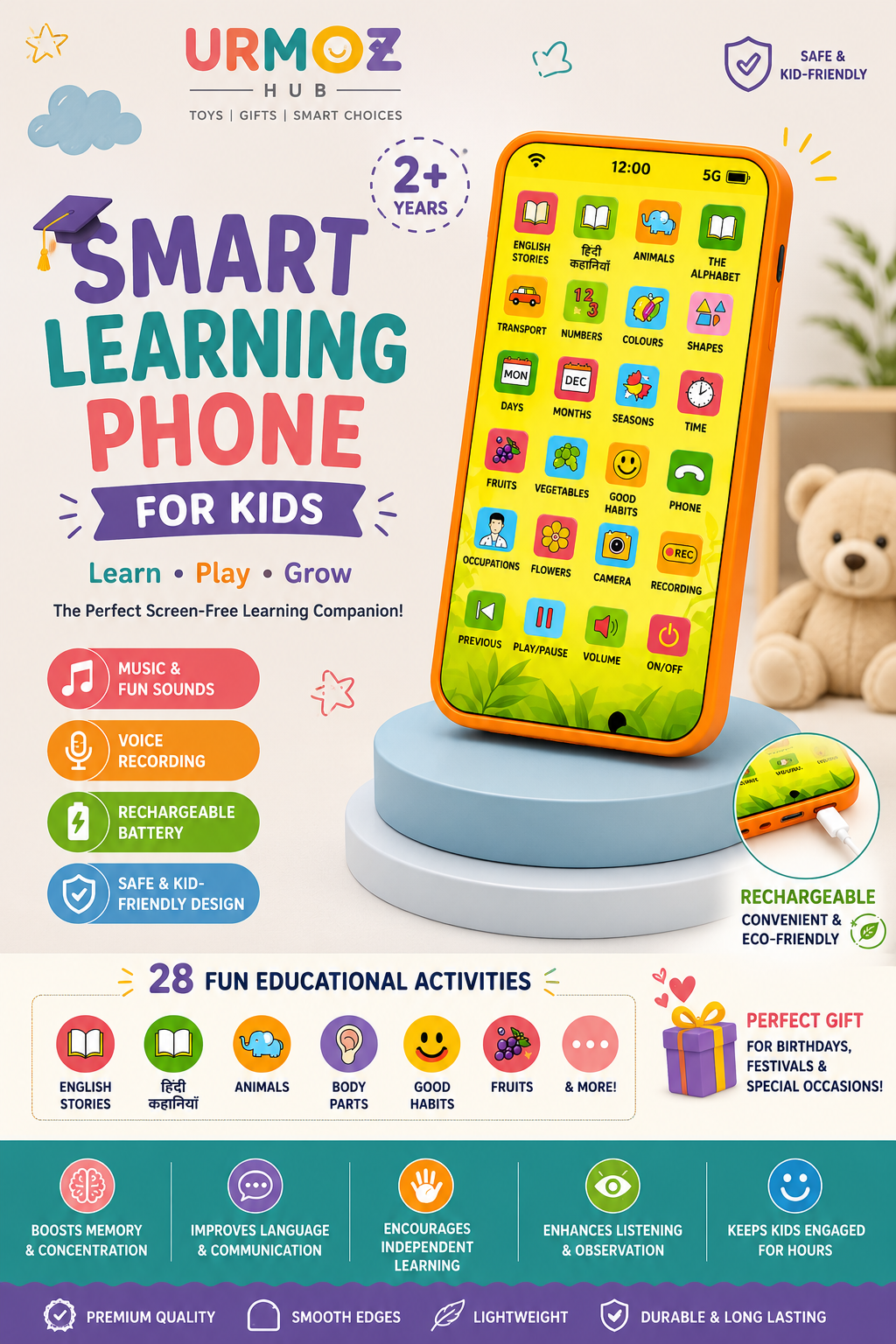 🎓📱 Smart Learning Phone for Kids – 28 Fun Educational Activities, Music & Voice Recorder ✨