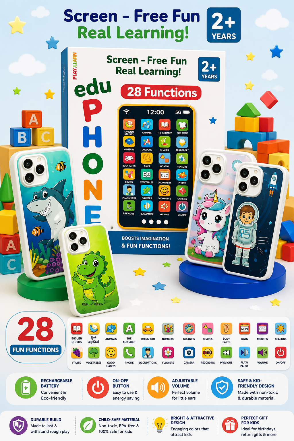 🎓📱 Smart Learning Phone for Kids – 28 Fun Educational Activities, Music & Voice Recorder ✨